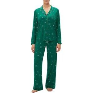 GapBody Size XL Womens Pajama Set Pants Long Sleeve Top Green Snowflakes